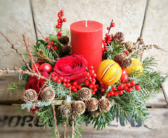 Christmas Candle Arrangement- Red - Yeomans Flowers